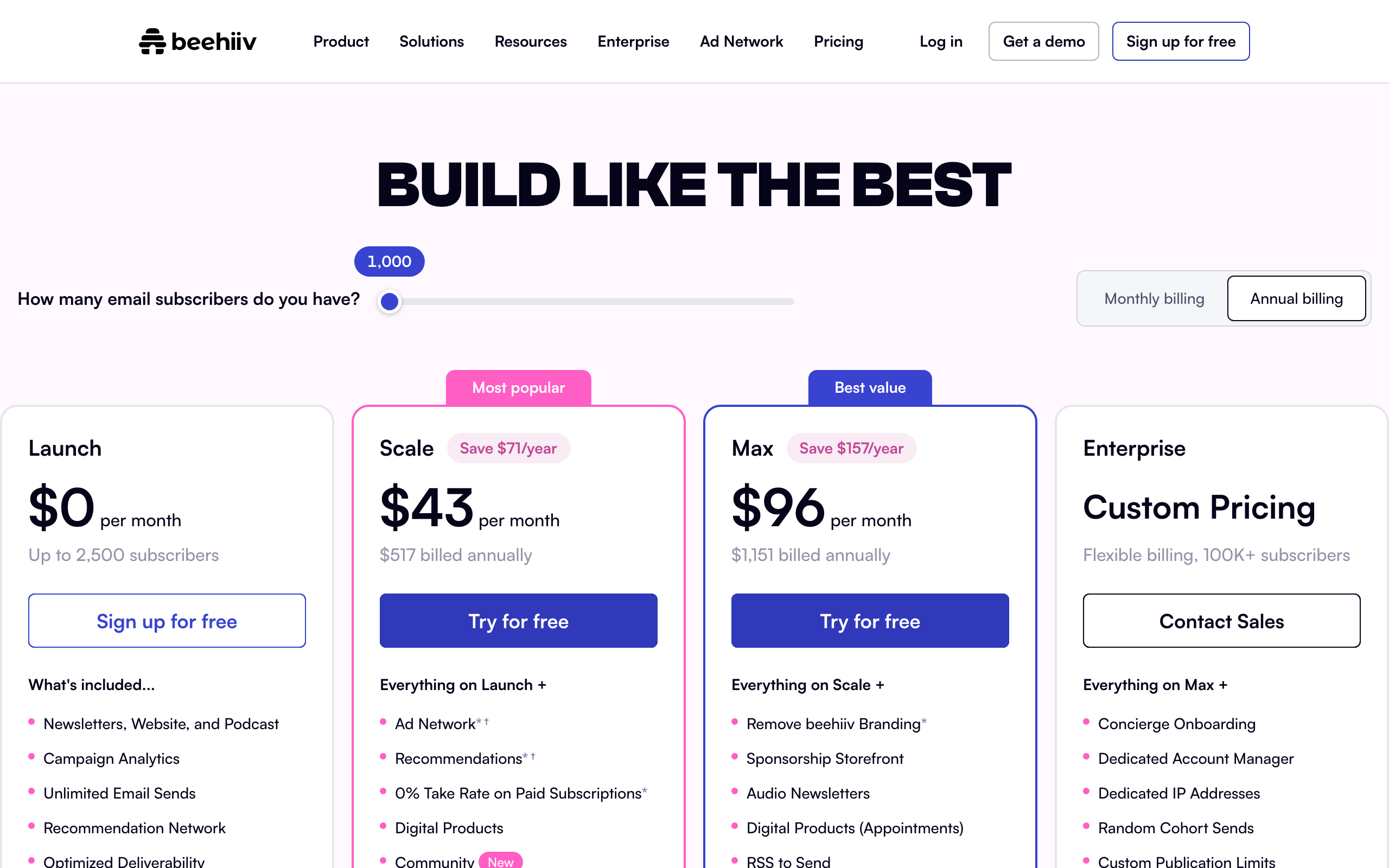 beehiiv pricing in August 2026 at a 1,000 subscriber list: Launch free up to 2,500 subscribers, Scale $43 a month billed annually, Max $96 a month billed annually